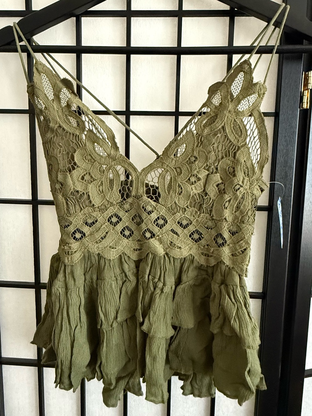 FREE PEOPLE Olive Green Crochet Lace Cami Top